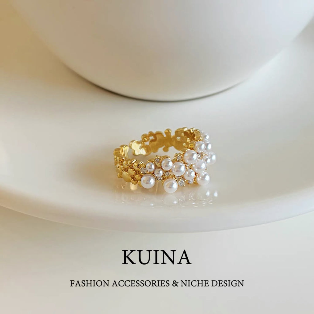 Golden Pearl Cluster Adjustable Open Ring