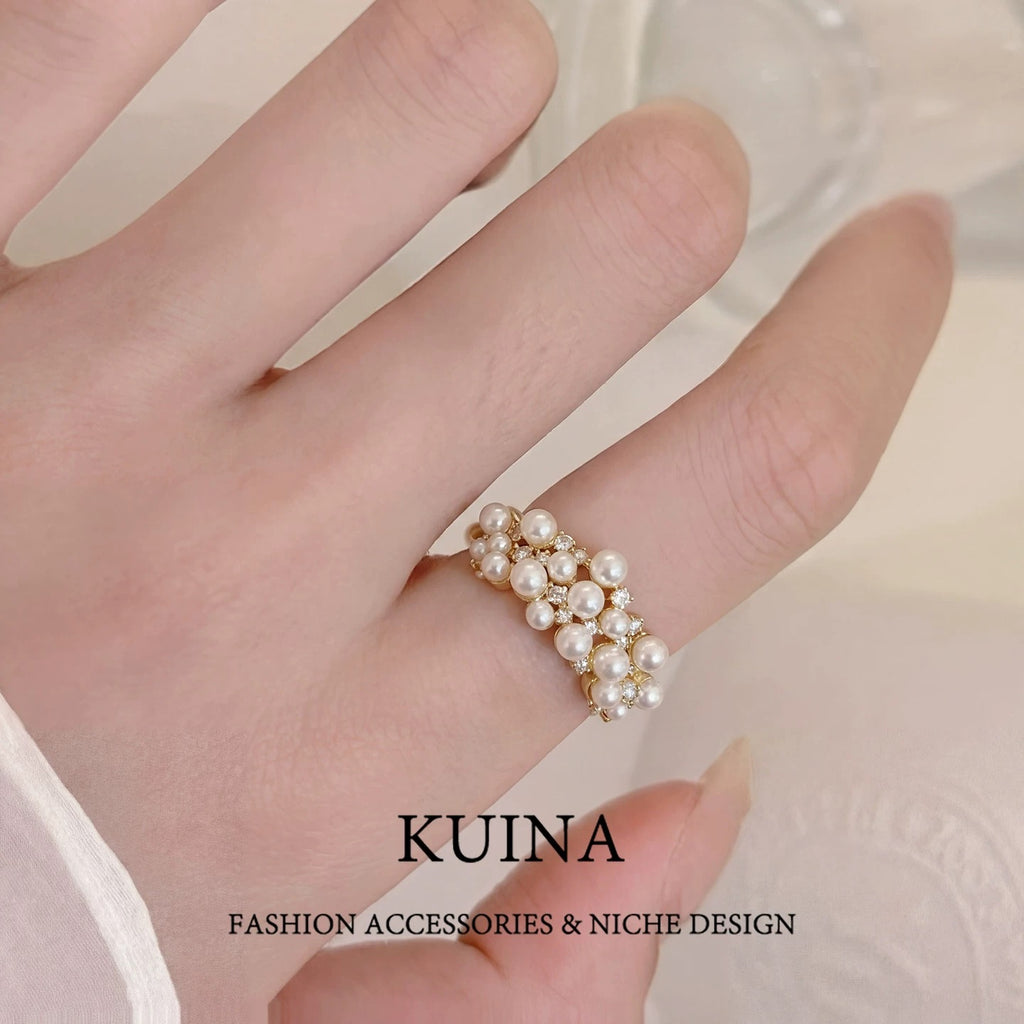 Golden Pearl Cluster Adjustable Open Ring