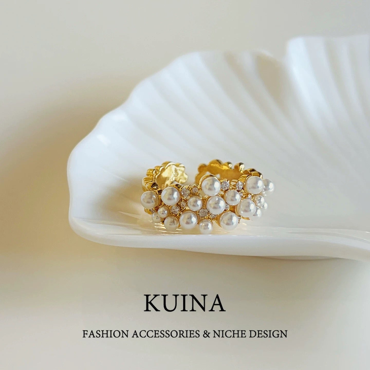 Golden Pearl Cluster Adjustable Open Ring