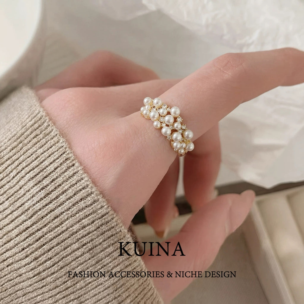 Golden Pearl Cluster Adjustable Open Ring