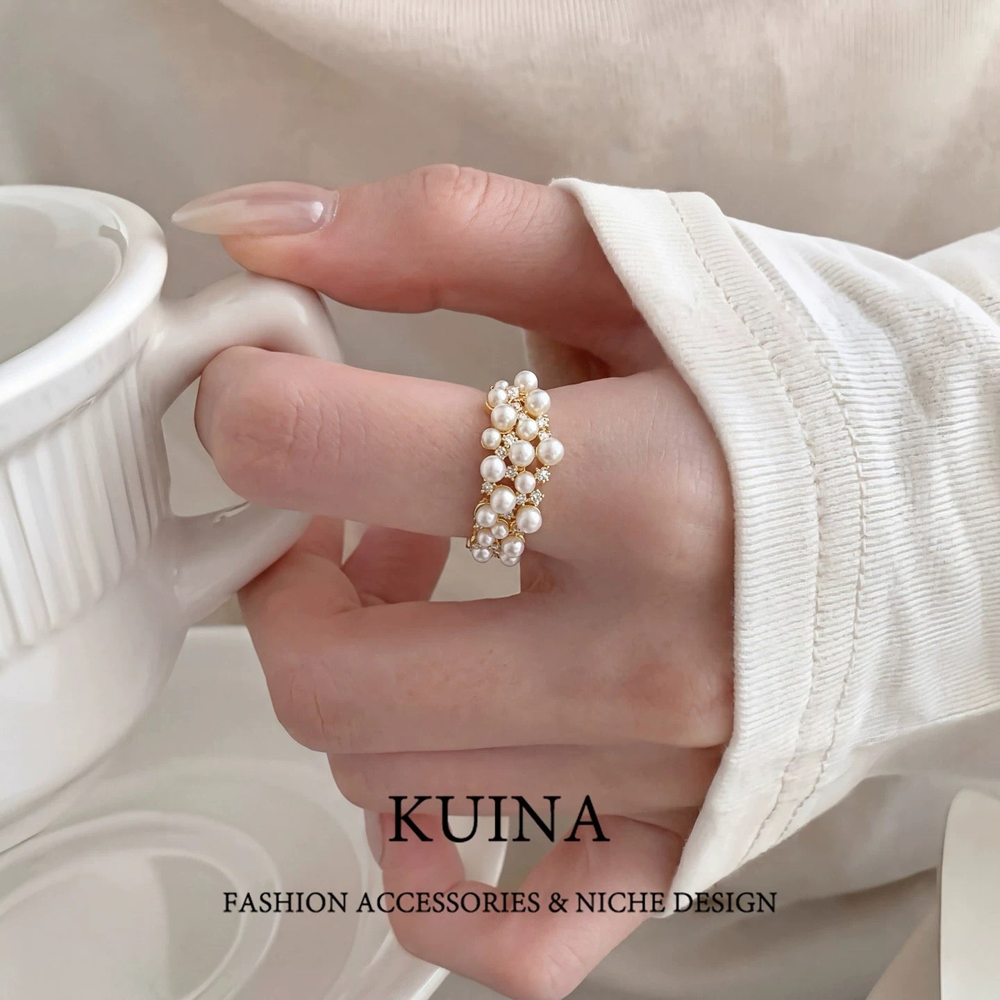 Golden Pearl Cluster Adjustable Open Ring